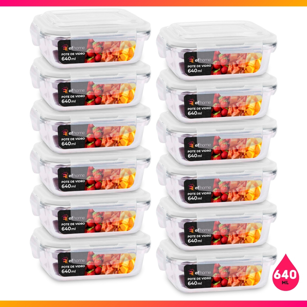 Kit 12 Potes Hermético 640ml Pote de Vidro Retangular Organizador Marmita Forno Microondas Freezer