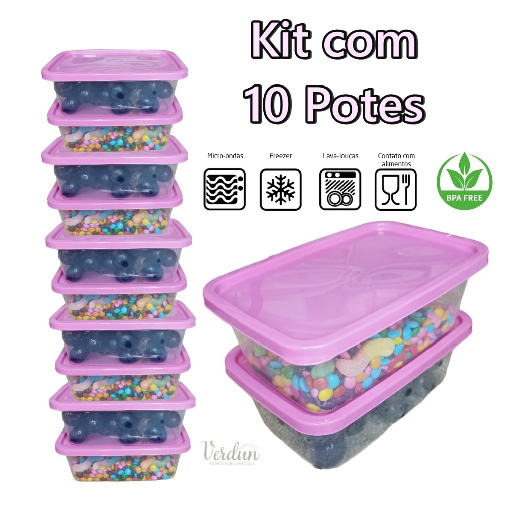 Marmita Pote Retangular 1litro Kit com 10 Potes de Armazenamentos Transparente com tampa rosa Marmita Micro-ondas