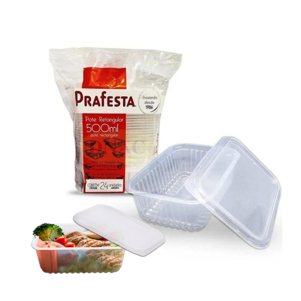 Kit 24 Potes 500ml Retangular Prafesta Microondas Freezer Marmitas Fitness Armazenamento Alimentos