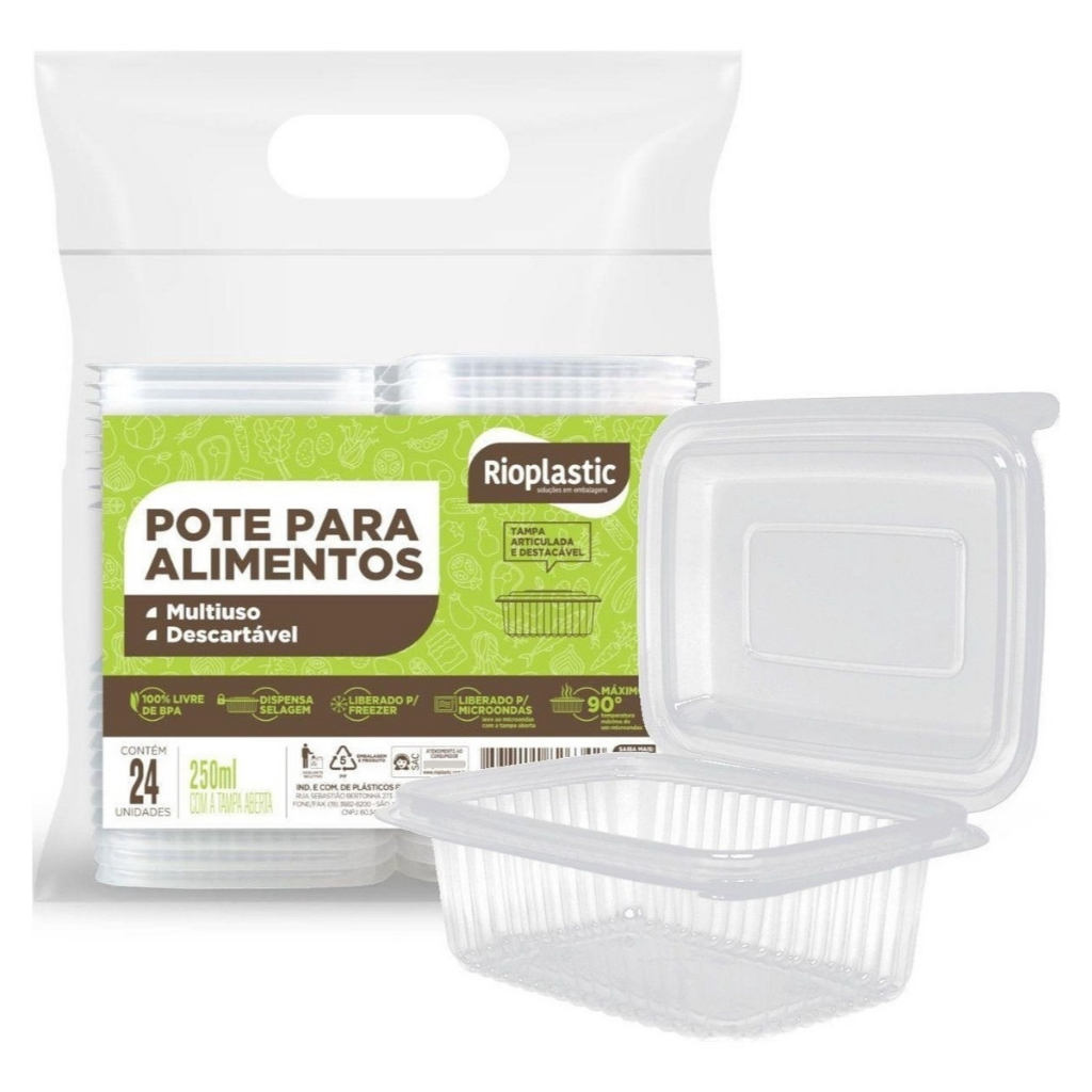 KIT 48 un Pote Retangular Marmita 250 ML Descartável Fitness Fit Freezer Microondas Rioplastic