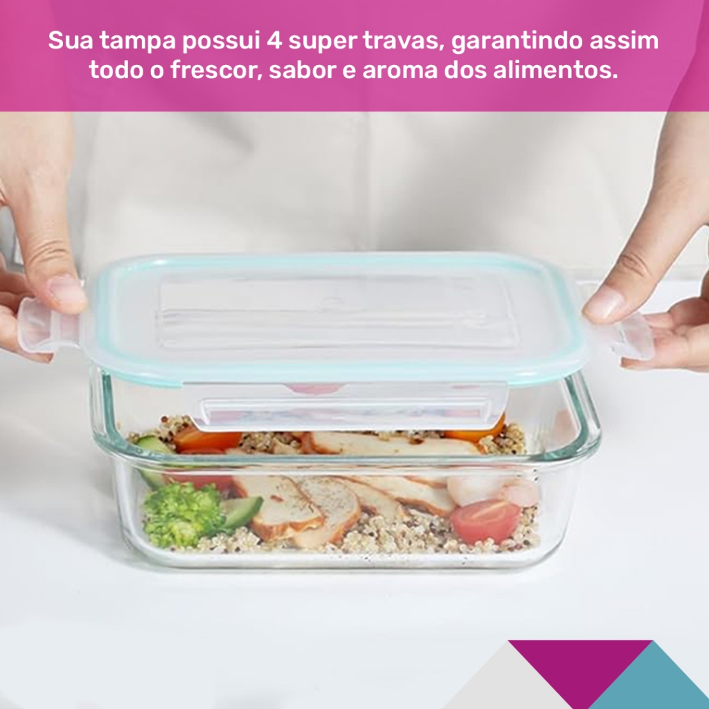Pote de Vidro com divisória Retangular Hermético Marmita Tampa Plástico Alimentos 640ml