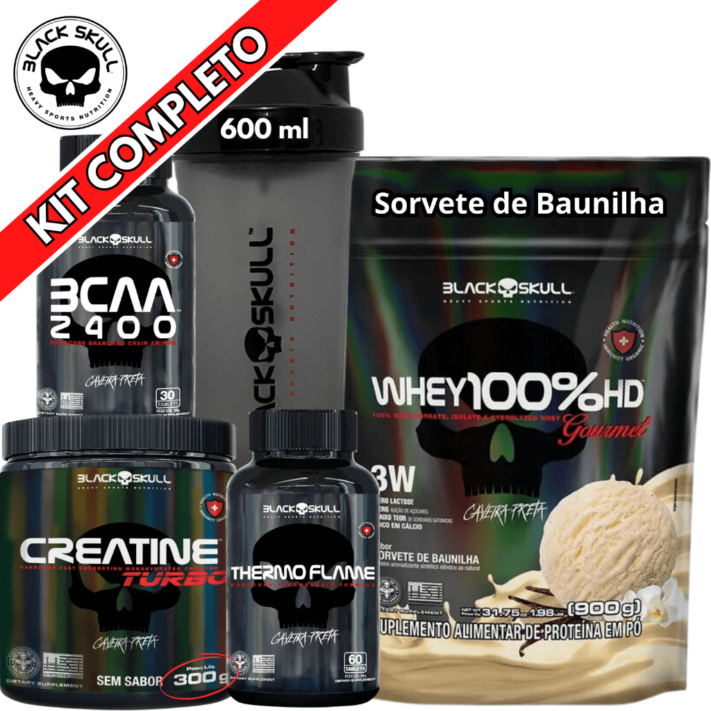 Kit Suplemento Whey 100% HD REFIL Gourmet + Creatina Turbo 300g + Termogênico + Bcaa 2400 + Coqueteleira - Black Skull