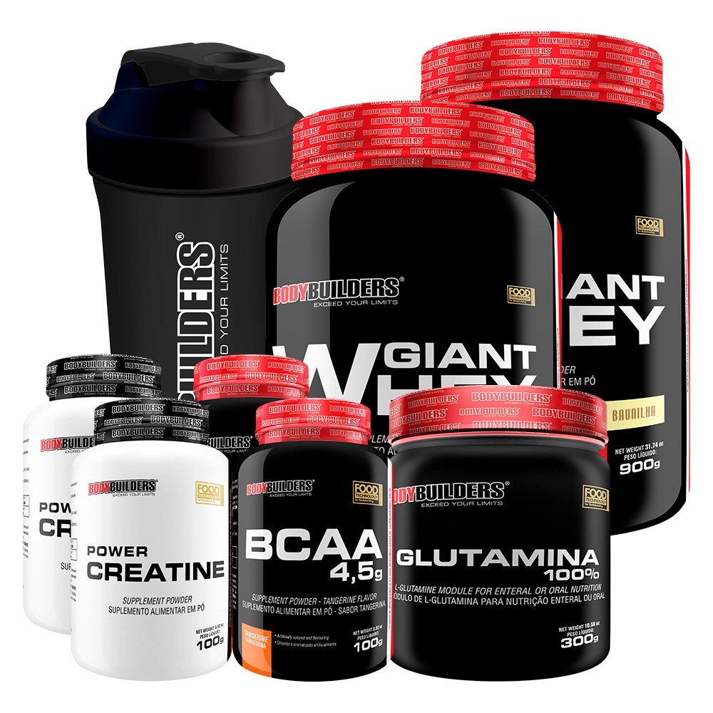 Kit 2x Whey Protein Giant Whey 900g + 2x BCAA 4.5 100g + 2x Power Creatina 100g + Glutamina 100% 300g + Coqueteleira