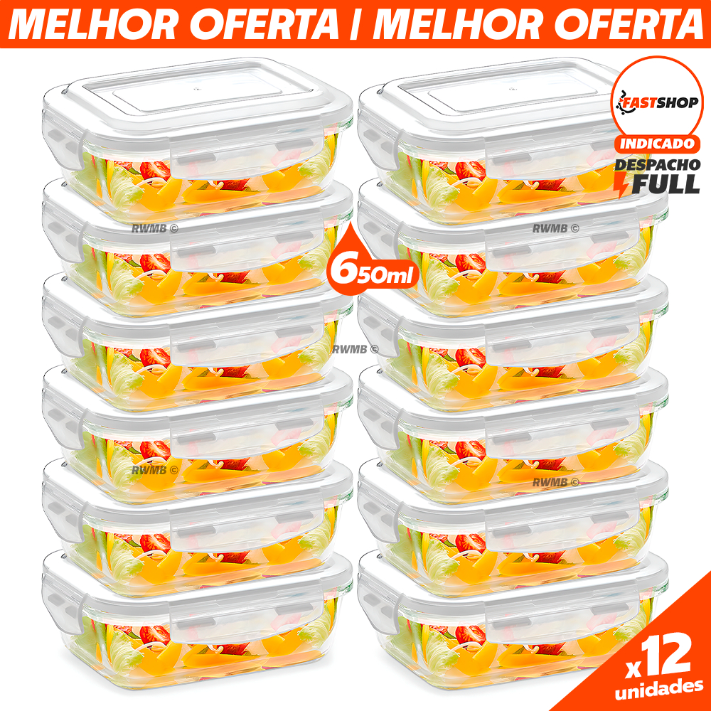 Kit 12 Potes Hermético 640ml Pote de Vidro Retangular Alta Vedação Organizador Marmita Vai ao Forno Microondas Freezer